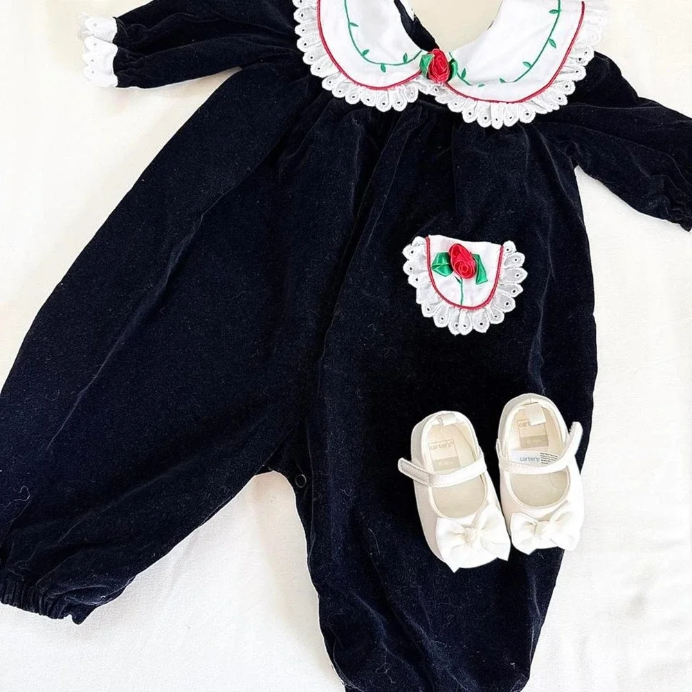Vintage 90s size 6 to 9 months black velvet baby romper